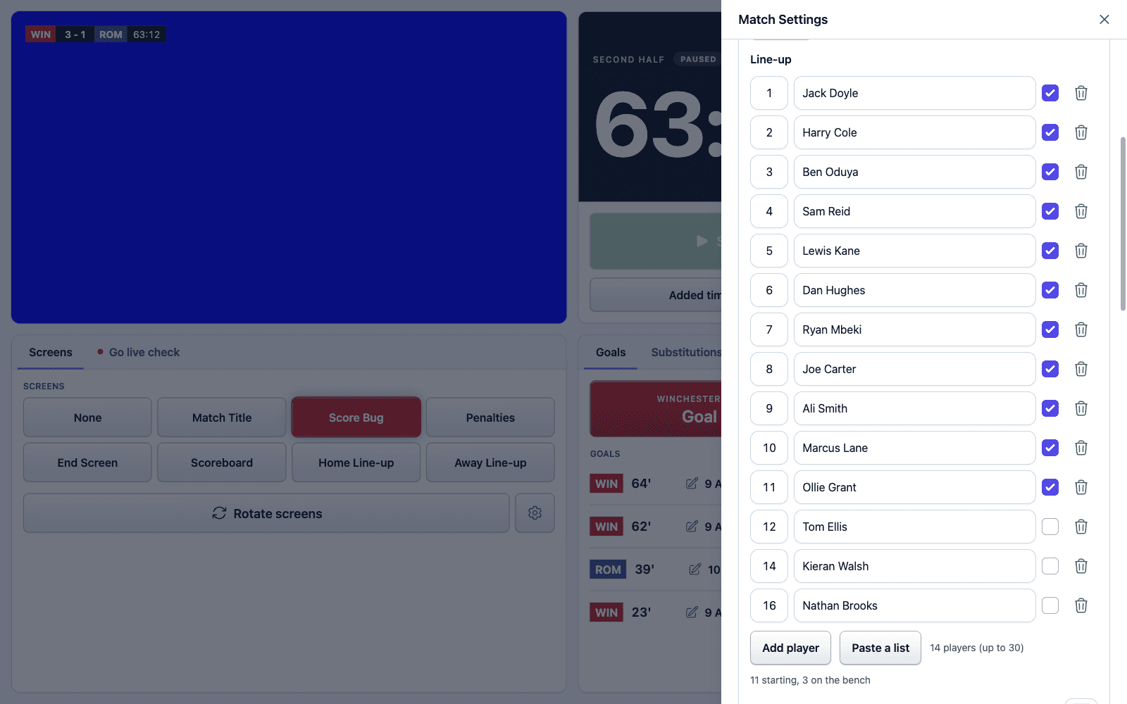 The Match Settings panel open beside the dashboard, showing the home team's line-up of numbered players, each with a Starts box, and the Add player and Paste a list buttons