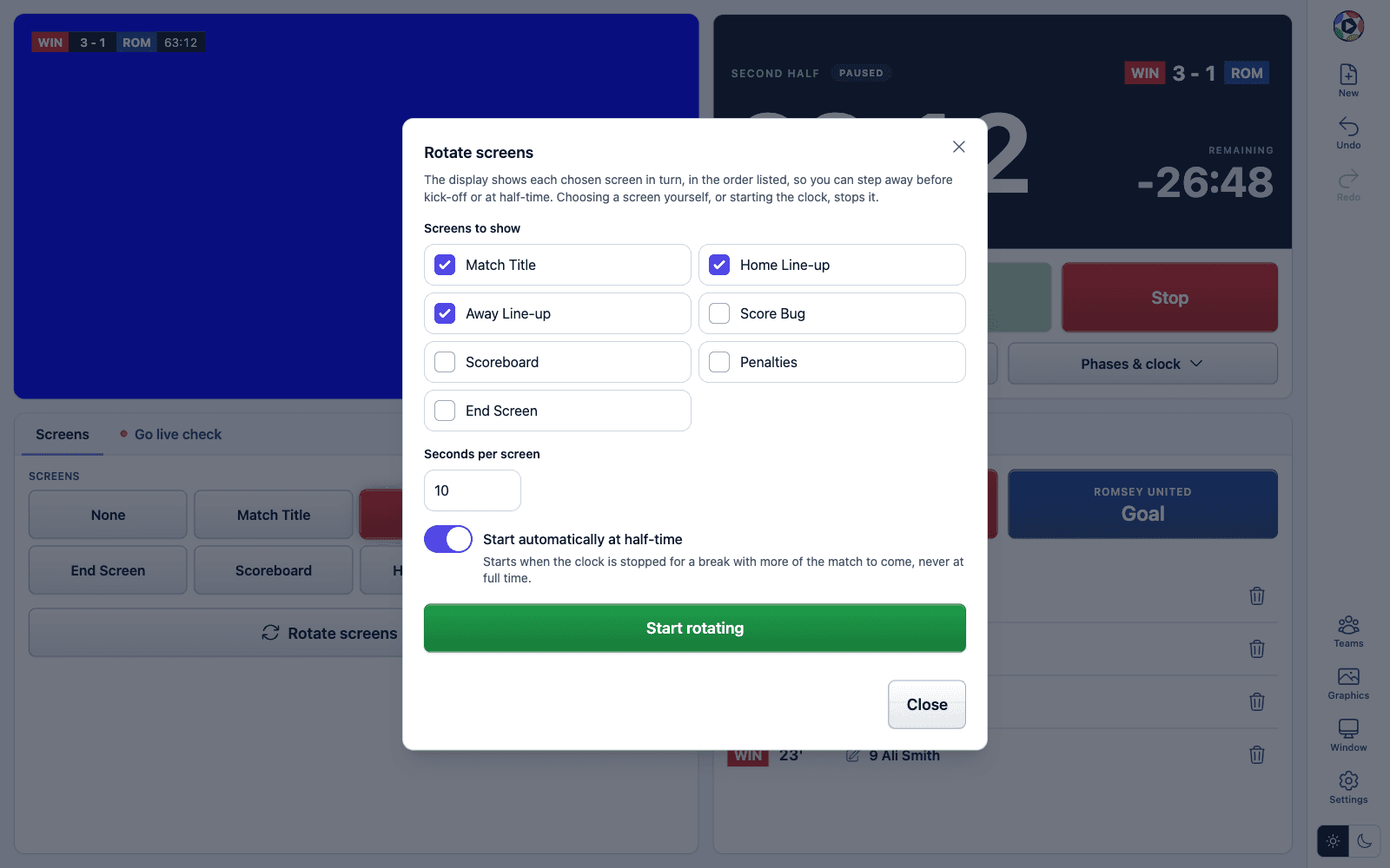 The Rotate screens set-up over the dashboard: the screens to show ticked in rotation order, seconds per screen and the half-time start