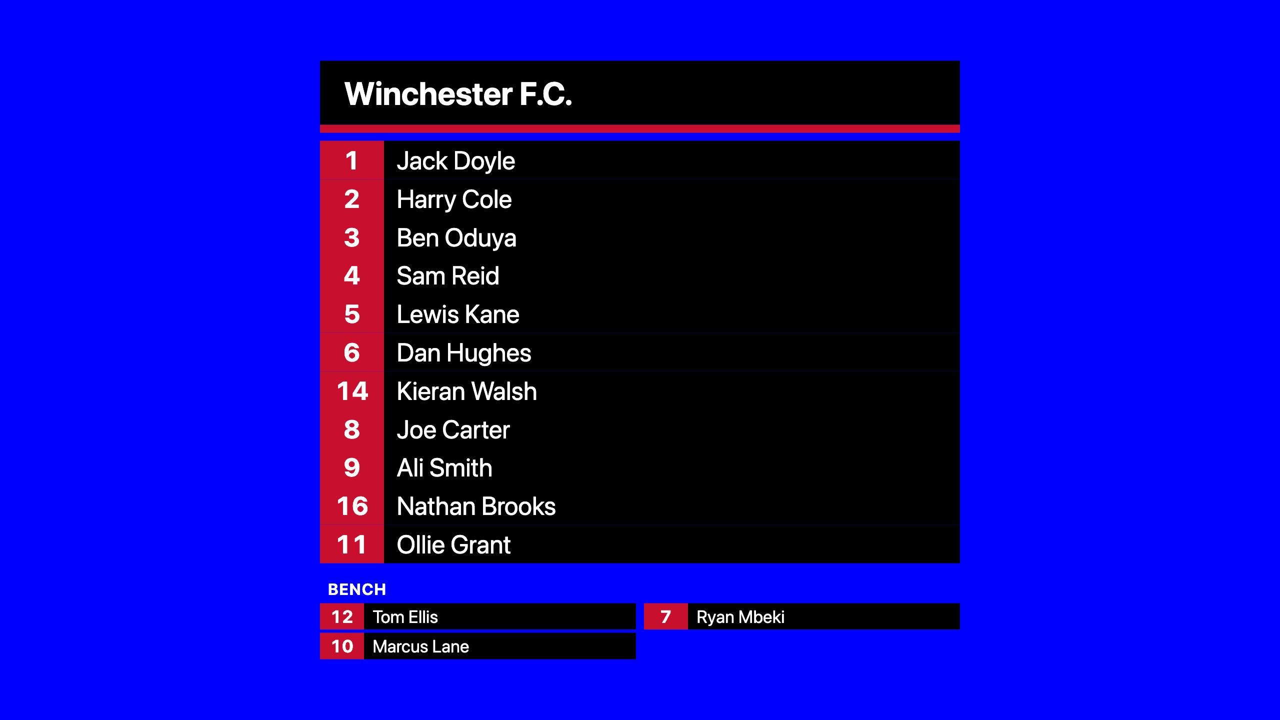 The Home Line-up screen: Winchester F.C. above eleven players on the pitch, each with a shirt number in the club's red, and a smaller Bench group of three beneath
