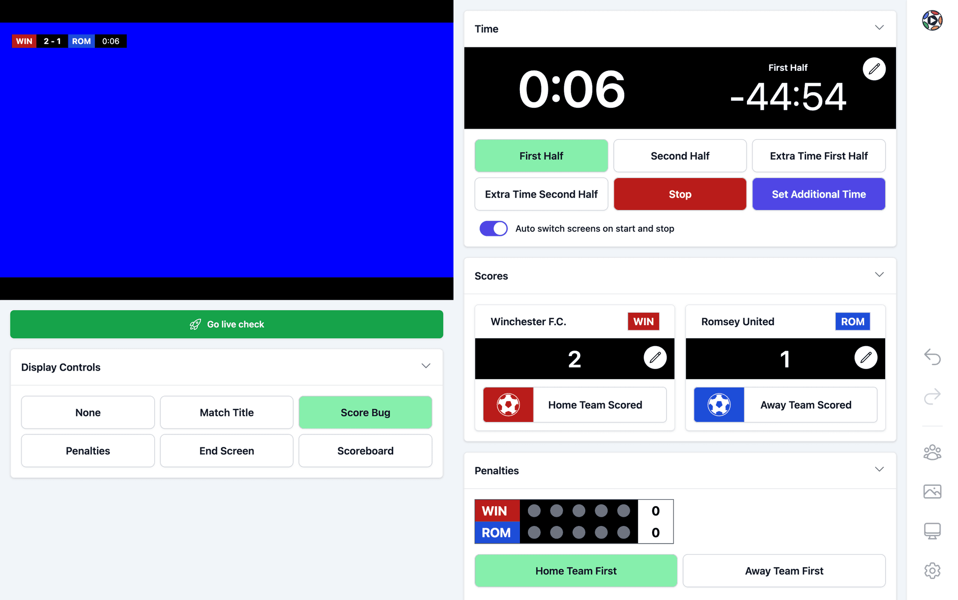 The PlayOverlay operator dashboard, showing match controls, score, and clock