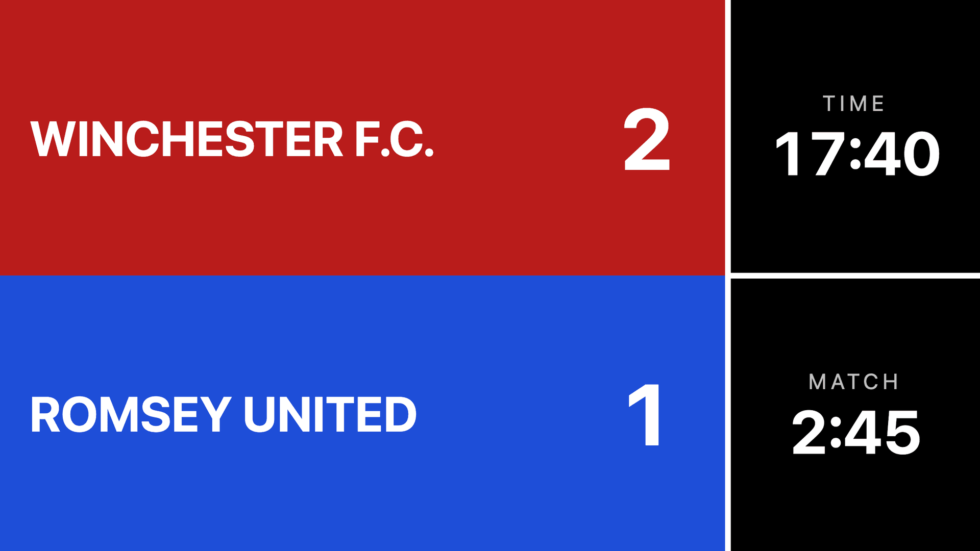 The spectator scoreboard screen, showing both teams, the score, and the time