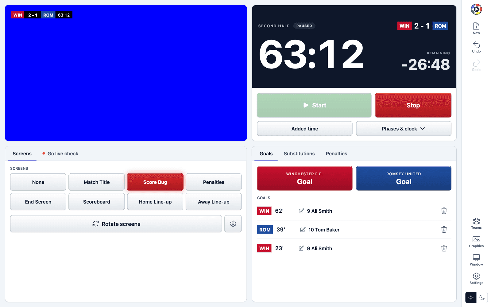 The PlayOverlay dashboard: a preview of the output, the screen buttons including Home Line-up and Away Line-up, the Rotate screens panel, the match clock with phase buttons, both teams' scores and the penalties panel