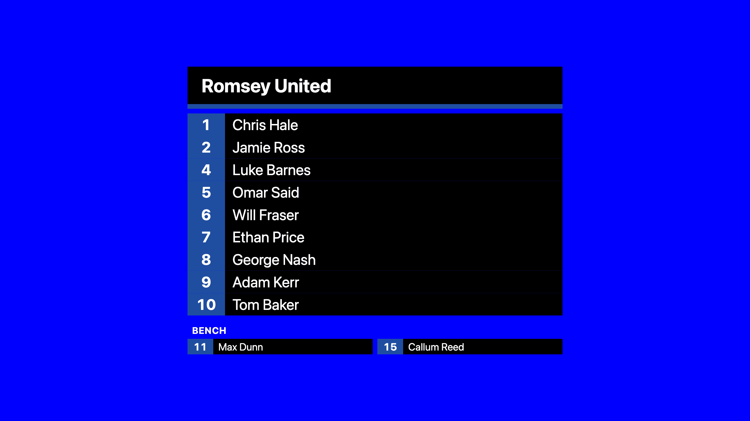 The Away Line-up screen: Romsey United above eleven players in one column, each with a shirt number in the club's blue