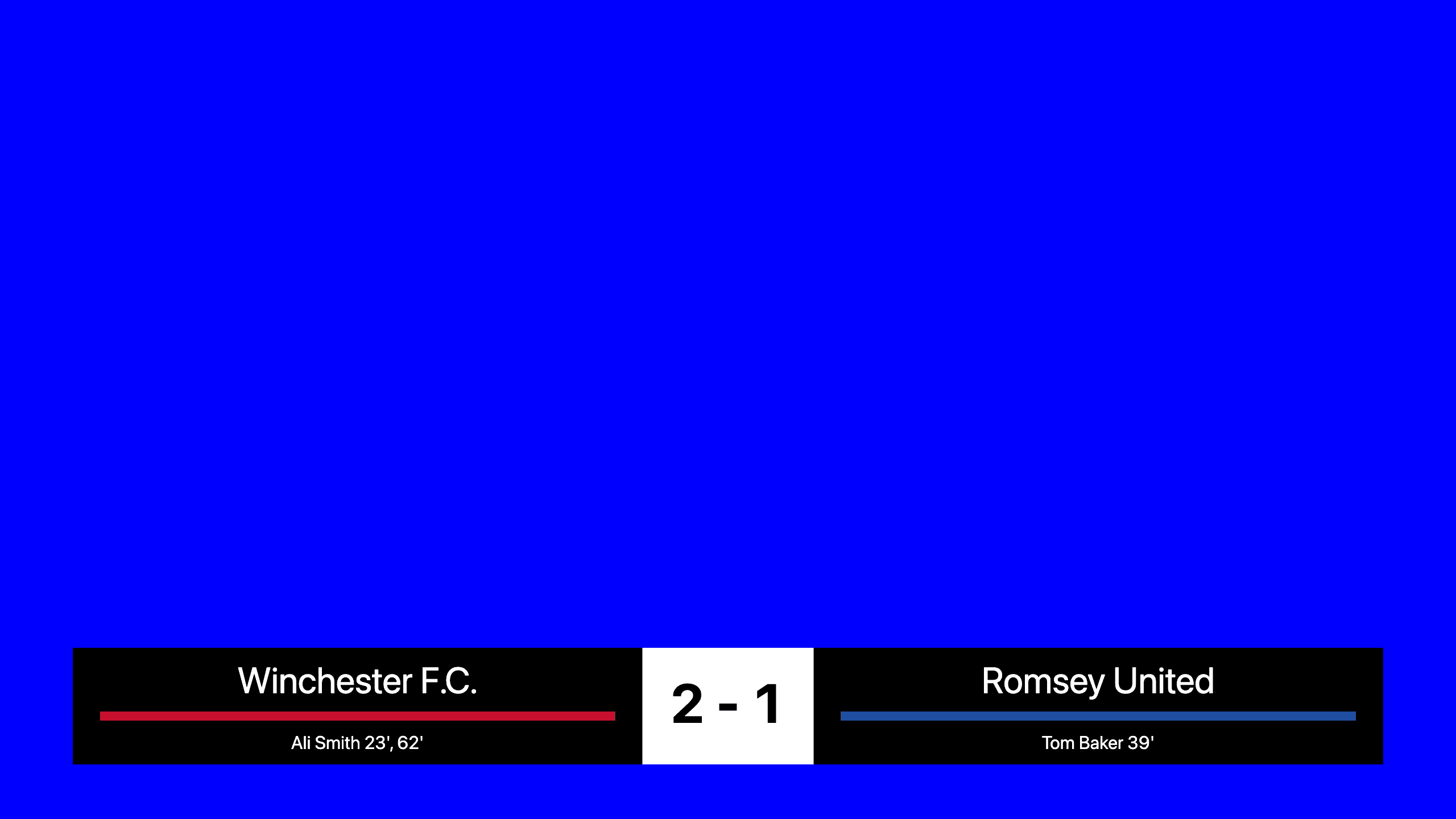 The end screen: Winchester F.C. 2-1 Romsey United, with Ali Smith 23', 62' under the home team and Tom Baker 39' under the away team