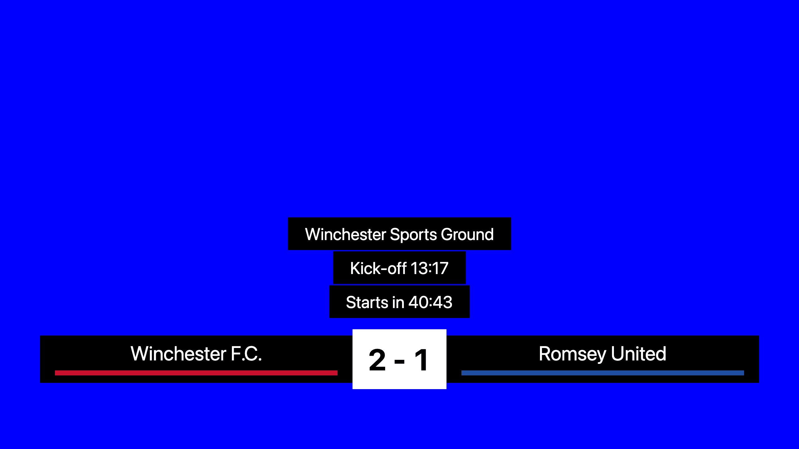 The match title screen: the venue, Kick-off 18:20 and Starts in 41:18 above Winchester F.C. and Romsey United in their club colours